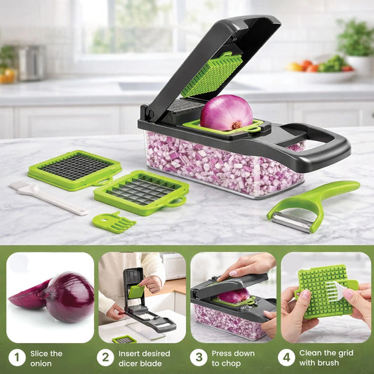 Hand Press Vegetable Chopper with 7 Stainless Steel Blades, Heavy Duty Kitchen Utensil, 1.5L Transparent Lidded Container, Onion Dicer, Mandoline Slicer, Julienne Cutter, Peeler, Grater, Egg Separator - for Chopping Vegetables, Fruits, Garlic, Smooth Prep