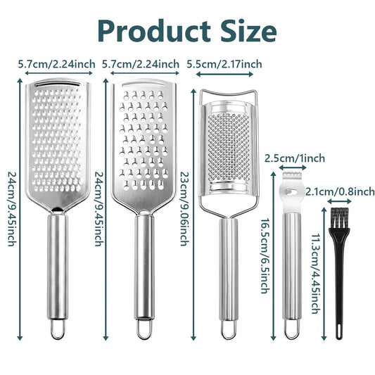 5PCS Stainless Steel Cheese Grater Set, Kitchen Grater & Peeler & Slicer, Lemon Zester with Cleaning Brush for Vegetable, Fruit, Chocolate