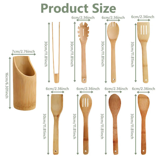 9 Pcs Bamboo Cooking Utensils Set - Nonstick Kitchen Tools with Smooth Finish, Includes Spatula, Slotted Turner, Soup Ladle, Solid Spoon, Scraper, Tongs, Strainer with Round Holes, Healthy Wooden Utensils