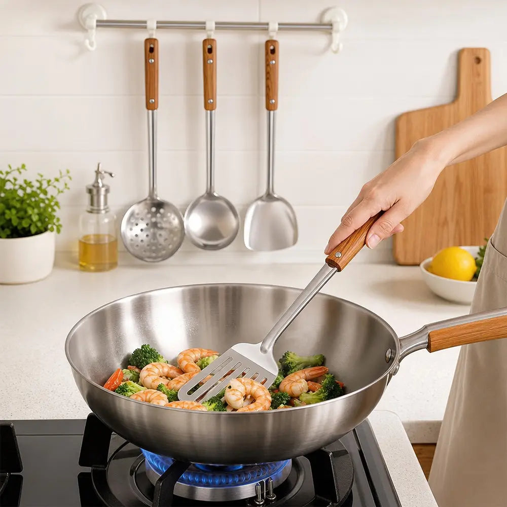 4 Packs Wok Utensils Set Stainless Steel Wok Spatula Ladle Soup with Holes Strainer Slotted Spoon for Kitchen Supplies Metal Cooking Utensils