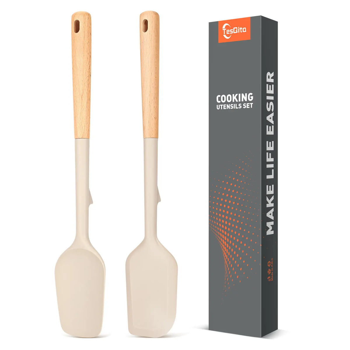 14" Food Grade BPA-Free Silicone Spatula Scrapers with Long Wood Handle - Heat Resistant, Durable Hanging Cooking Utensil Spoons for Daily Cooking, Nonstick Cookware Safe Baking Tools, Pack of 2 (Khaki), Holes, With Handle