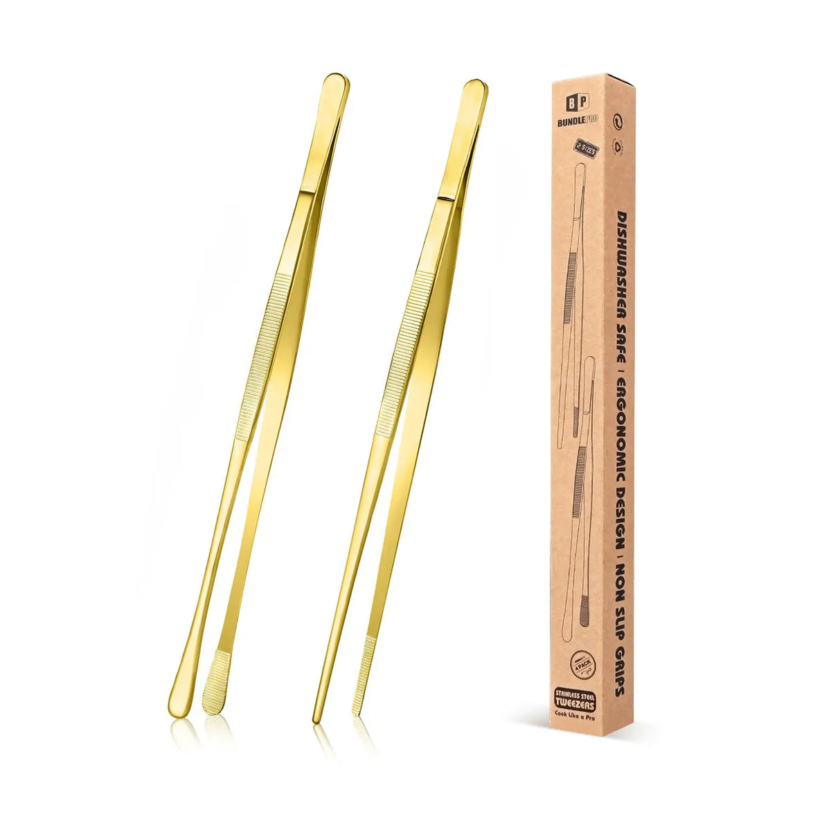BUNDLEPRO 2-Pcs Sturdy 10 In Stainless Steel Kitchen Tweezers Set - Fine-Tip Tongs, Professional Long Cooking Tweezers for Grill, Round Barbecue Accessories, Girly Kitchenware Utensils