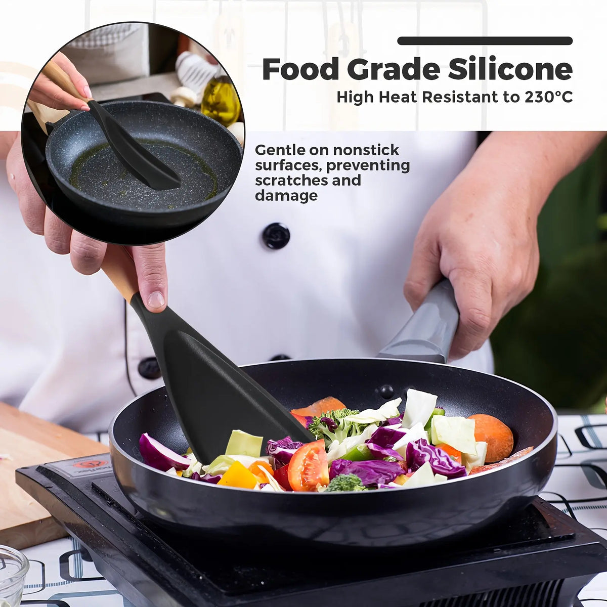 Kitchen Utensil 4-Piece Heat-Resistant Nonstick Grill Spatula Set - 100% Food Grade Silicone Spatulas & Turners, Sturdy Durable, 446°F/230°C Tolerance, Wide Mouth Design, Easy-to-Clean, Egg/Fish Lifting Control, Pan/Grill Compatible, Mother’s Day Gift