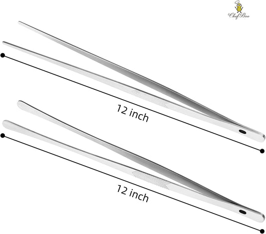 ChefBee 2PCS 12" Stainless Steel Kitchen Tongs Tweezers with Serrated Tips