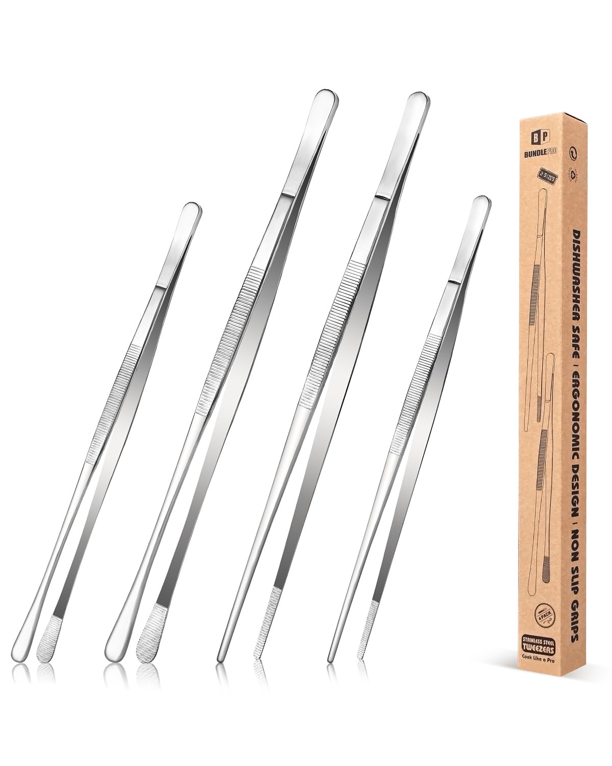 4 Pcs Fine Long Tweezer Tongs Professional Black, 12'' and 10'' Stainless Steel for Kitchen, Food, Cooking, Repairing, Sea food and BBQ