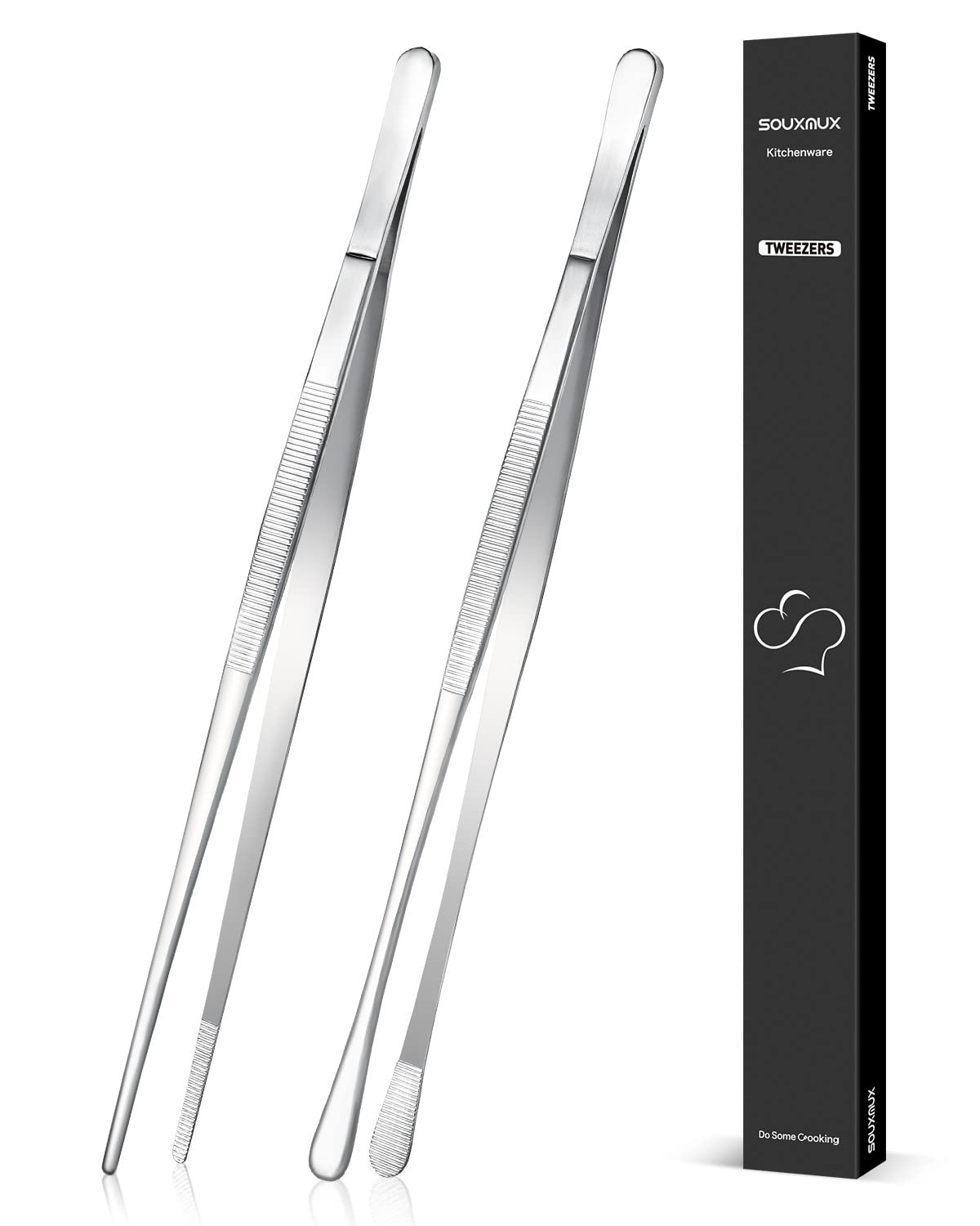 2 Pcs 12-inch Cooking Tweezers Tongs Precision Serrated Tips, Stainless Steel Professional Chef Tweezer Kitchen Tools for BBQ, Plating and Serving (Black)