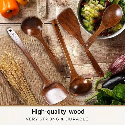 5-Piece Natural Kemu Wood Cookware Utensil Set - Nonstick Skillet-Safe Solid Grain Spoons, Soup Ladle, Wok Spatula, Comfort Grip, Smooth Finish, Durable, Easy to Clean, Non-Toxic Kitchen Tools, Five Pieces