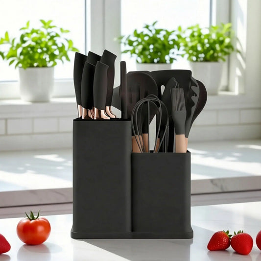 sohochic19-Piece Kitchen Utensils Kit - Wooden Cooking Tools, Silicone Spatula Set, Holder, Cutting Board, Non-Stick Modern Cookware with Lid Spoon, White & Pink Home Kitchen Options, Cooking Set