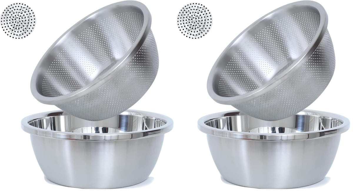 Paoli 304 Stainless Steel Fine Mesh Colander Set, 2QT Large Capacity Strainer with Mixing Bowl — Rinse Fruits, Veggies, Rice & Drain Pasta, Dishwasher Safe (2-Piece)