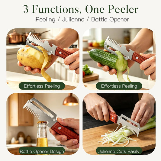 2-Pack 3-in-1 Vegetable Peelers for Kitchen with Wooden Handle, Stainless Steel Blades, Built-in Julienne Cutter & Bottle Opener, Fruit Peeler for Potato, Carrot, Apple, Cucumber & Pumpkin