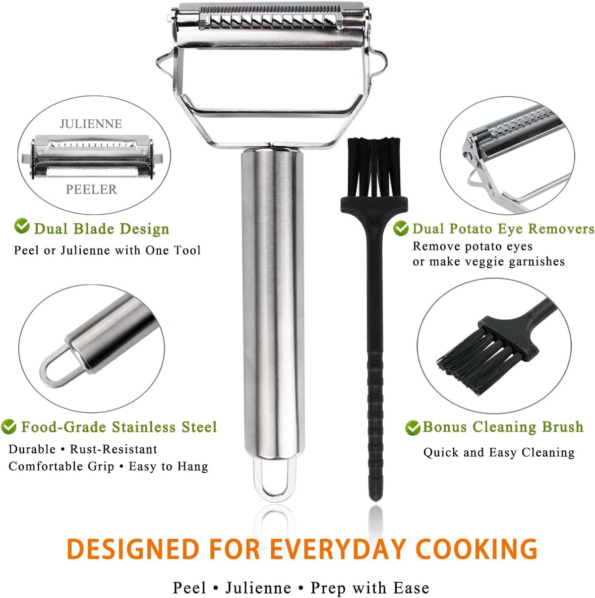 Sunkuka Potato Apple Vegetable Peeler Julienne Peeler for Kitchen - 3 in 1 Y Peeler for Fruit Veggie Carrot Cucumber Zucchini, Sharp Stainless Steel Peeler with Cleaning Brush