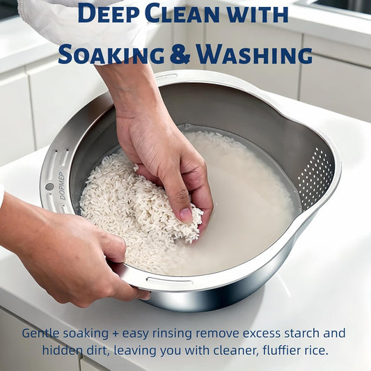 DOPMEP Rice Washer Strainer Bowl Stainless Steel Colander with Side Drainer