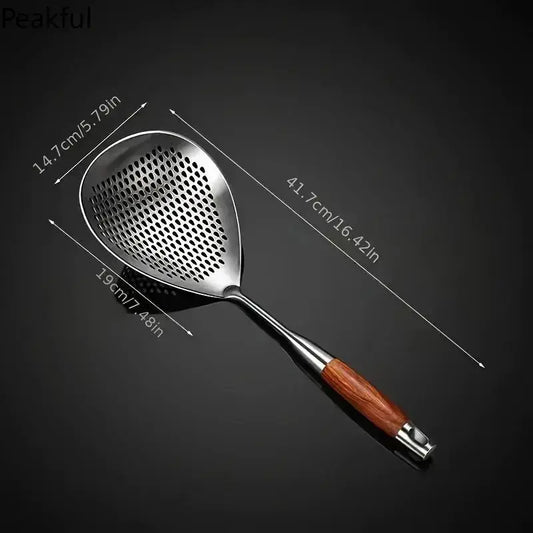 Large Stainless Steel Colander with Wooden Handle, Durable Noodle & Pasta Strainer, Versatile Kitchen Tool for Draining, Rinsing & Cooking, Essential Home Utensil, Dishwasher Safe