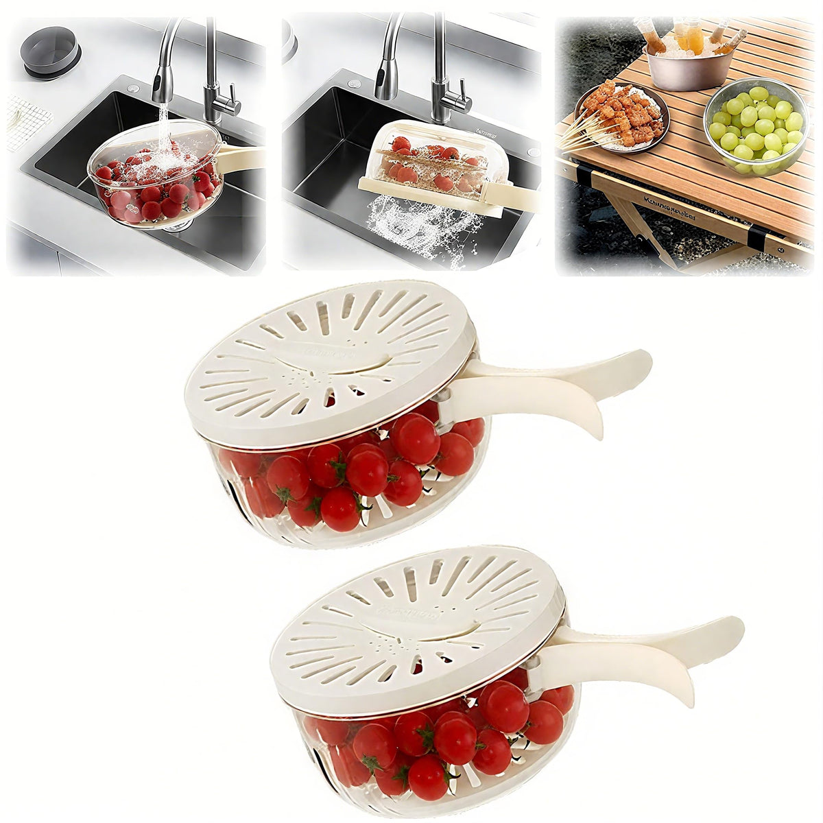 Multifunctional Fruit Washing Bowl with Strainer,2 in 1 Drain basket and Fruit Strainer Container with Lid,Fruit Washer Bowl for Kitchen,Fridge,Picnic & Camping(1QT)