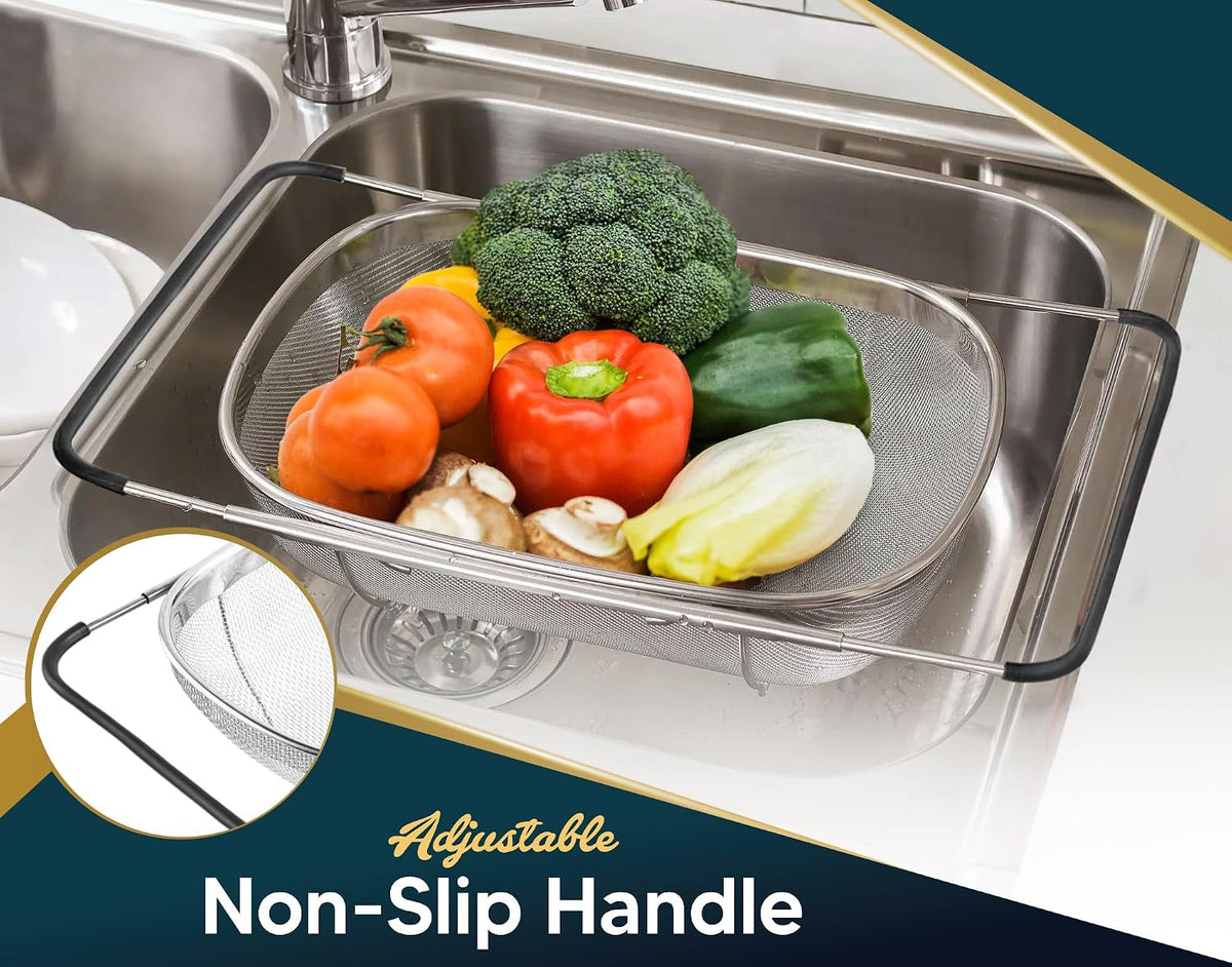Over the Sink Colander for Kitchen - 6 Quart Over the Sink Strainer Basket with Extendable Ergonomic Handles and Resting Feet - Multipurpose Fine Mesh Strainer for Kitchen