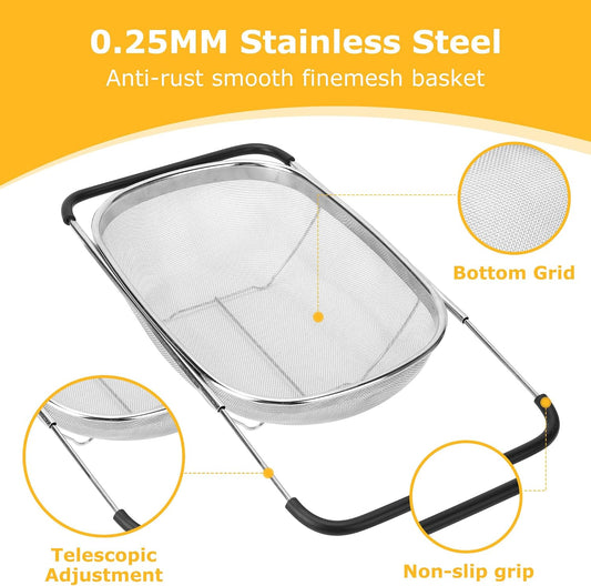 ZDRongZhen Kitchen Accessories Over the Sink Colander Strainer Basket,Stainless Steel Colander with Expandable Rubber Grip Sink Drainer-Rinse Vegetables Fruits &Strain&Drain (Large-Fine mesh)