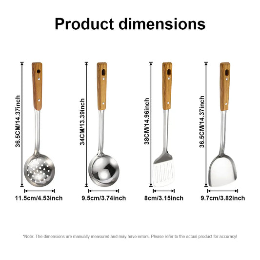 Practical Mirror Polish 4-Piece Stainless Steel Wok Cooking Tool Set - Metal Kitchen Utensils Including Wok Spatula, Slotted Skimmer Strainer Spoon, Perforated Ladle, Steak Turner for Daily Frying, Oil Filtering Residues, Farmhouse Use