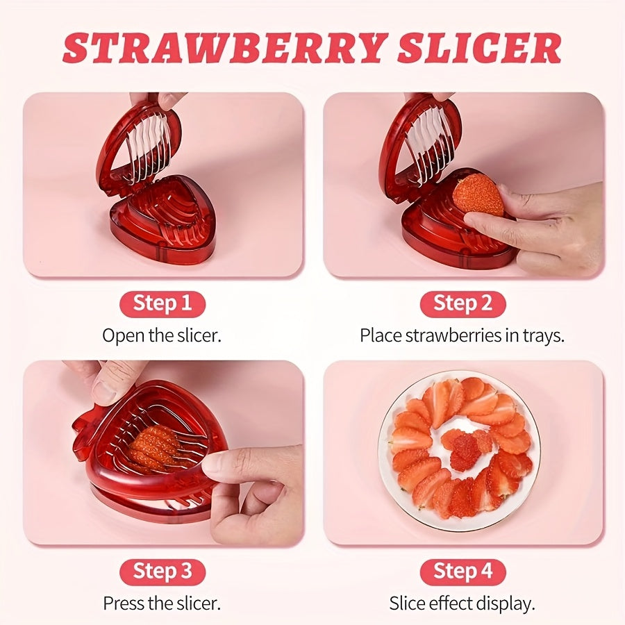 Stainless Steel Manual Strawberry Slicer - Ergonomic Fruit Slicer with Bent Blades for Berries, Cherries, Apples | No Electricity Needed, Easy-Clean Kitchen Tool for Smoothies, Desserts & Breakfast Prep, Visually Appealing Kitchenware | Easyclean Material