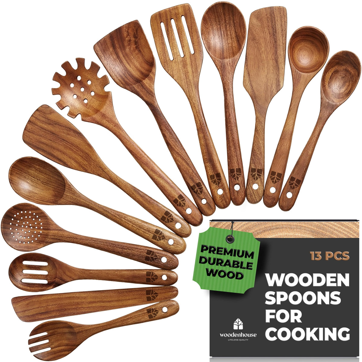 Wooden Spoons for Cooking – 10 Pcs Non Toxic Teak Kitchen Utensils Set
