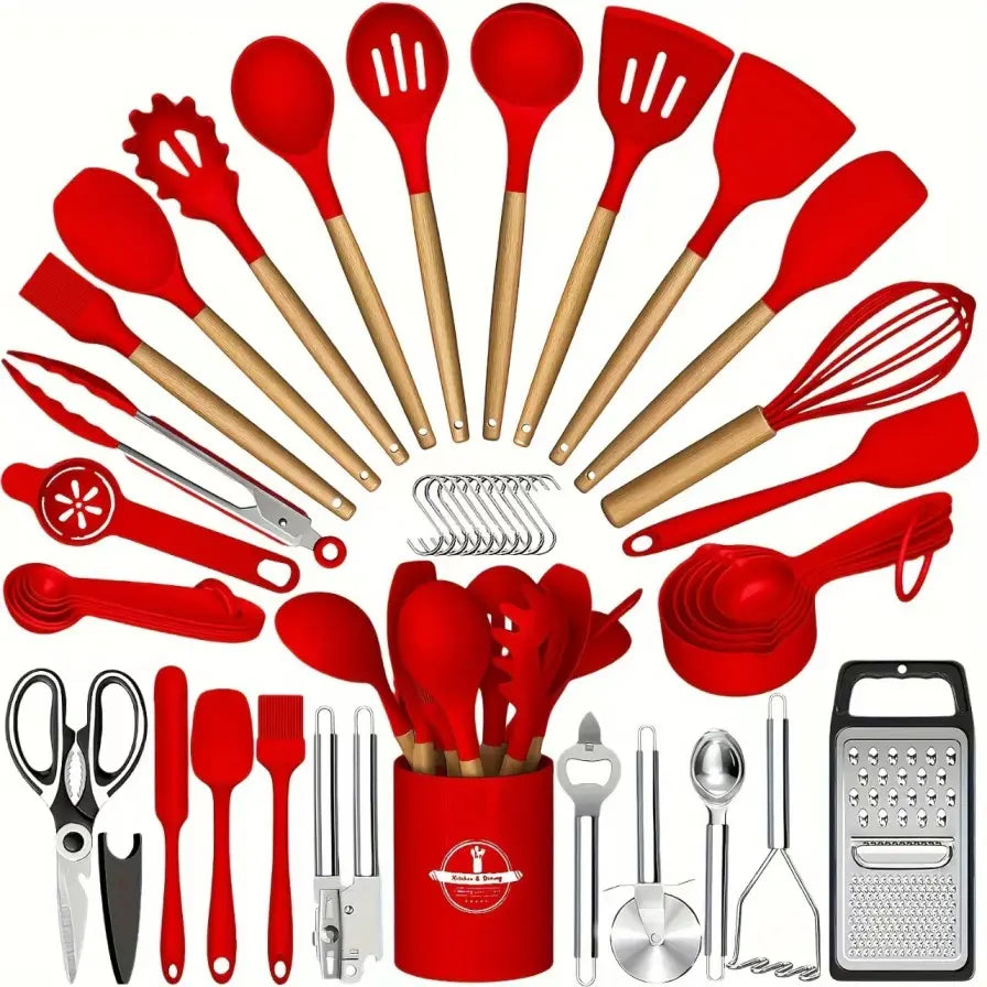 Summerwins 40pc Silicone Kitchen Utensils Set - Durable, Heat-Resistant, Non-Stick Kitchen Cooking Accessories, Black & Gold Heavy-Duty Kitchenware with Nonstick Spatula, Whisk, Grater, Measuring Cups, Cutting Board, Slotted Spoon, Dishwasher Safe