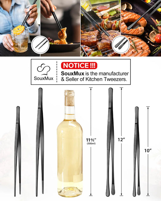 2-Pack 12-in Stainless Steel Precision Serrated-Tip Cooking Tweezers Tongs - Professional Kitchenware Utensils, Metal Grill & Barbecue Accessories for Plating, Serving