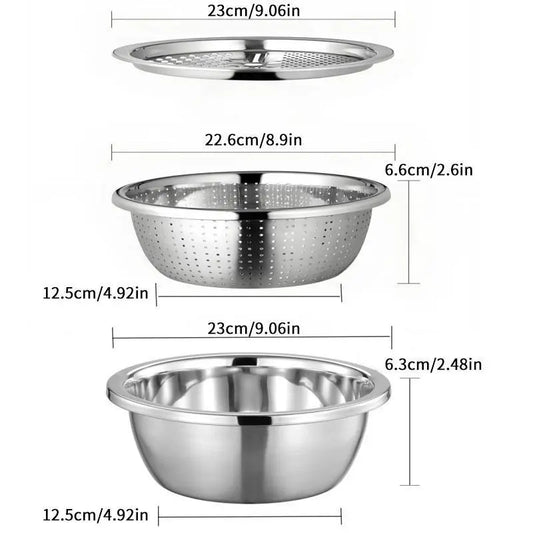 【Homeessentials】 Multifunctional cutting machine,3-In-1 Stainless Steel Multi-Functional Strainer Set, Includes Basin/sieve/cutter, Ideal for Washing Rice Fruits Vegetables Kitchen Essentials.,sohochic