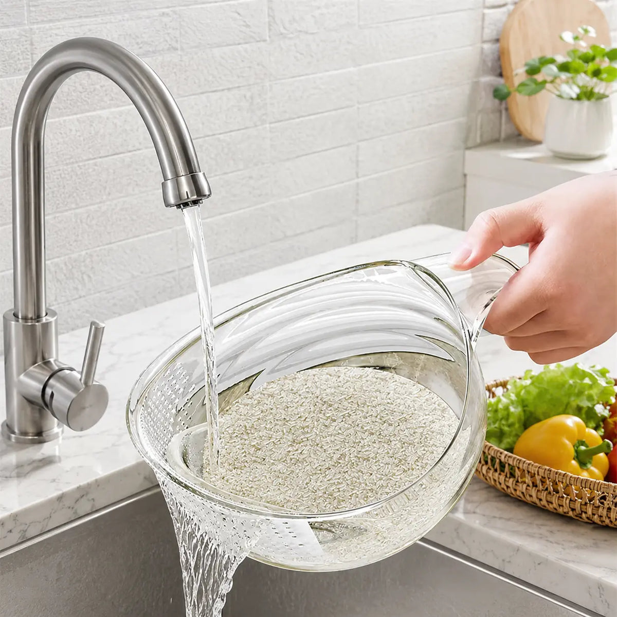Aesthetic Multifunctional Rice Strainer Basket with Handle - Sturdy BPA-Free Transparent Plastic Kitchen Utensil, Colander for Draining Vegetables, Fruits
