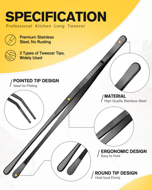 BUNDLEPRO 2-Piece Reusable Stainless Steel Kitchen Fine Tweezer Tongs, 12in Black Utensils Set, Professional Long Tweezers for Cooking, Seafood, BBQ