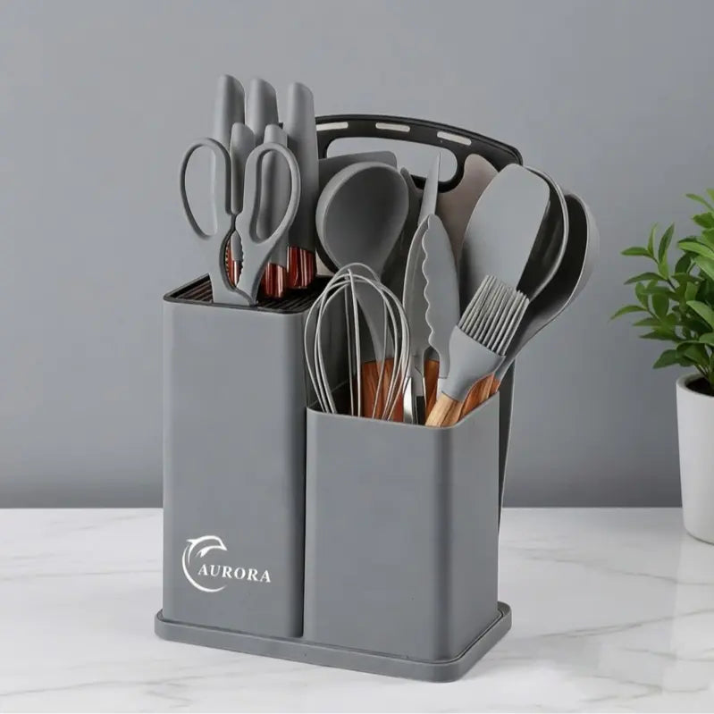 Sohochic 19-Piece Silicone-Steel Kitchen Utensils Set with Wooden Handles & Knives - Heat-Resistant, Non-Stick Tools with Storage Bucket, Turner - Gift-Ready Boxed Set, Household Items for Easy Cooking & Cleaning