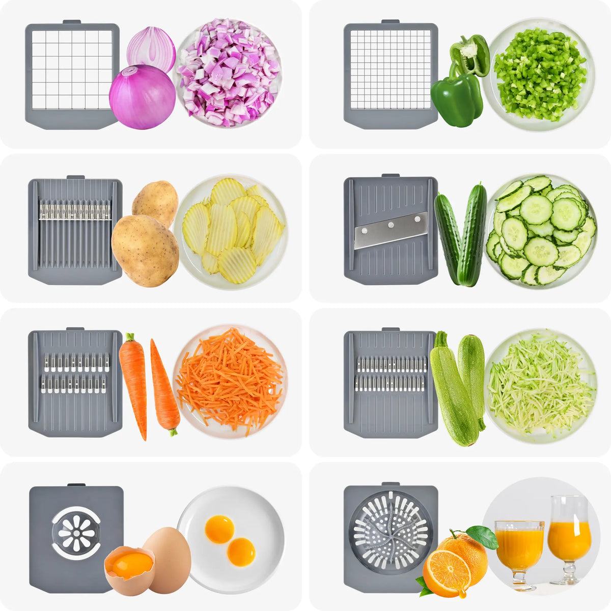 SUSTEAS Durable 10-in-1 Rectangular ABS Plastic Fruit Vegetable Slicer - 6-Blade Pro Food Chopper, Mandoline, Onion Potato Dicer, Vegetable Grater, Kitchen Shredder, Lemon Squeezer, Egg White Separator (Grayish White),sohochic