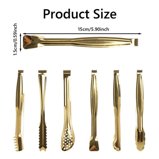 6-Inch Gold-Plated Stainless Steel Mini Serving Tongs Set of 6, Multi-Use Gold Kitchen Utensils, Cheese Shred & Lemon Slice Server, Handles Sugar Cubes & Marshmallows, Tableware for Home Cooking