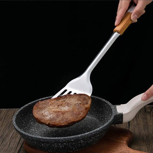 4pcs 304 Stainless Steel Wok Utensils Set - Wooden Handle, Food Grade, Heat Resistant, Brushed Finish, Anti-Scald, Hanging Hole, Smooth Edges, Thoughtful Design - Wok Spatula, Ladle, Slotted Spoon, Strainer - Space-Saving Storage, Daily Kitchen Use