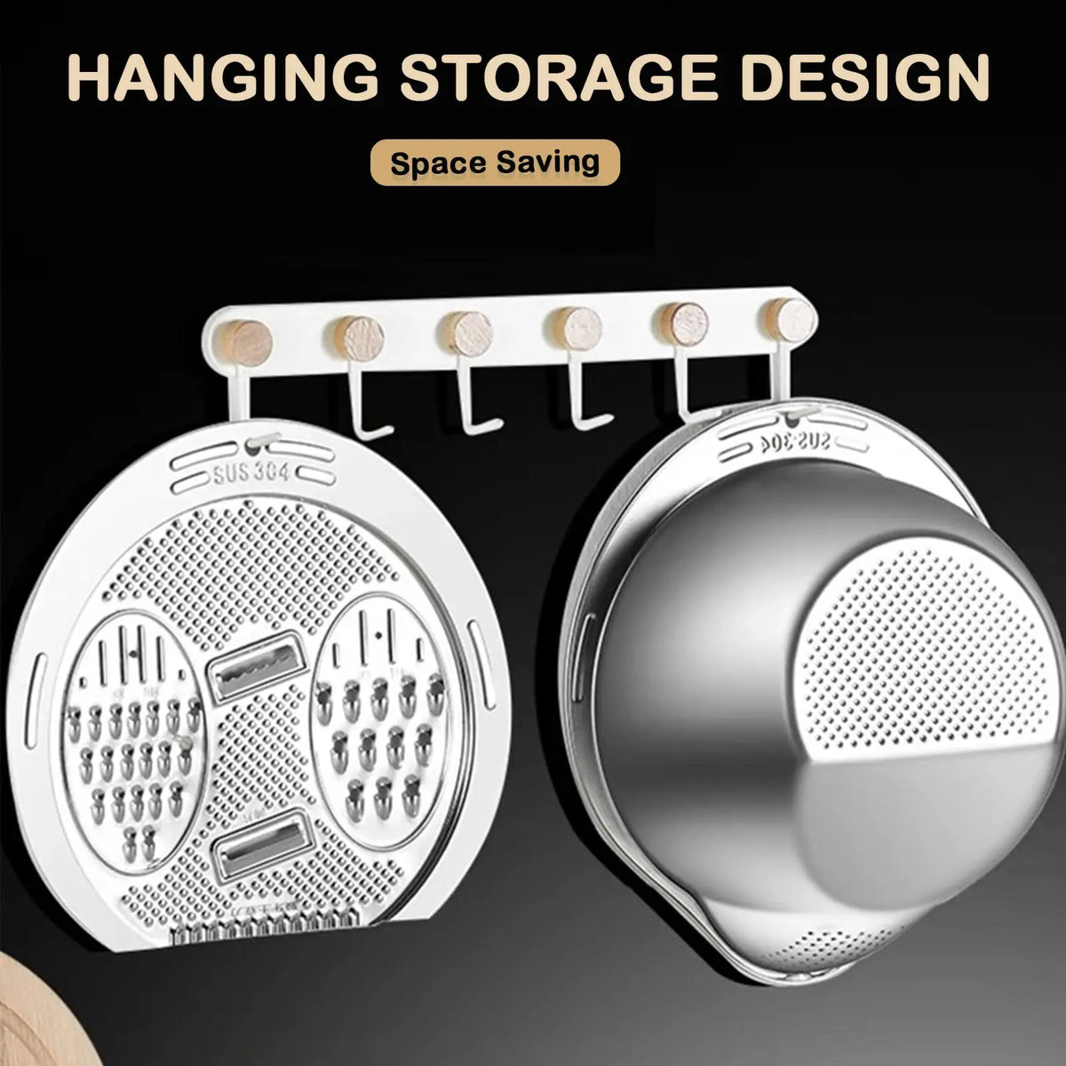 304 Stainless Steel Kitchen Basket - 4 in 1 Flat Grater, Sturdy Washing Basin Filter, Draining Colander with Side Drainer, Pasta Sieve, Utensils Holder (10.5"d x 5.5"h, Holes for Efficient Cleaning) with Adhesive Hook, Cheese Slicer, Easy to Store
