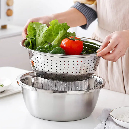 3PCS Sturdy Multi-Functional Thick Stainless Steel Bowls with Strainer Basket - Kitchen Utensils, Food Colander Kitchenware, Filtration Basket, Space-Saving Nesting, Dishwasher Safe, Rust-Proof Essential Set (for Veggie Washing, Rice Rinsing)