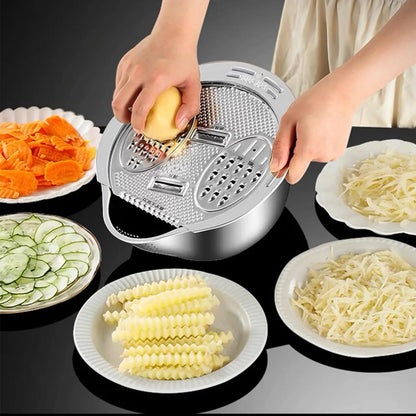 304 Stainless Steel Kitchen Basket - 4 in 1 Flat Grater, Sturdy Washing Basin Filter, Draining Colander with Side Drainer, Pasta Sieve, Utensils Holder (10.5"d x 5.5"h, Holes for Efficient Cleaning) with Adhesive Hook, Cheese Slicer, Easy to Store
