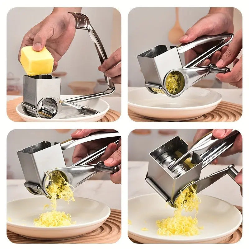 Multi-Functional Stainless Steel Rotary Cheese Grater, Hand-Cranked Design, Safe Food Handling, Ideal for Creative Kitchens