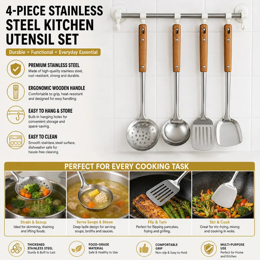 4 Packs Wok Utensils Set Stainless Steel Wok Spatula Ladle Soup with Holes Strainer Slotted Spoon for Kitchen Supplies Metal Cooking Utensils