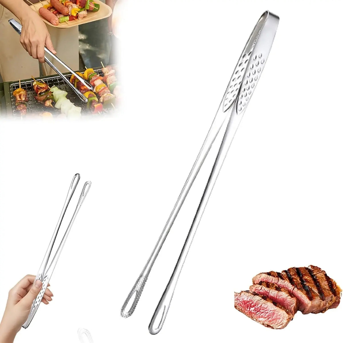 Stainless Steel Korean BBQ Barbecue Tongs, Heavy-Duty Rust-Resistant Kitchen Utensils with Ergonomic Handles & Sleek Metallic Finish, Lightweight Stylish Portable Tool for Steak, Salad, Vegetables – Indoor-Outdoor Home Camping Use (From Kitchen to BBQ)