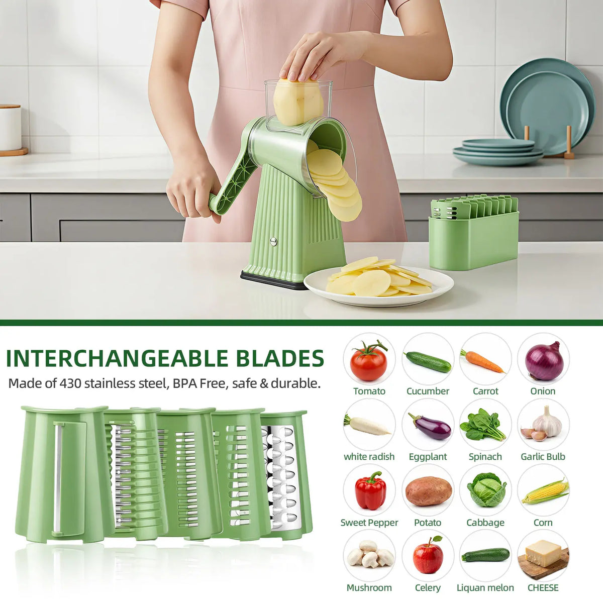 Manual Cheese Grater, 5-Blade Rotary Cheese Shredder & Vegetable Slicer with Hand Crank, Interchangeable Stainless Steel Blades, Suction Cup Base for Cheese, Carrot, Potato & Cucumber