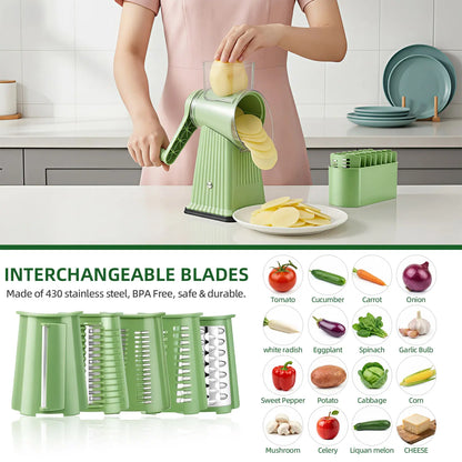 Manual Cheese Grater, 5-Blade Rotary Cheese Shredder & Vegetable Slicer with Hand Crank, Interchangeable Stainless Steel Blades, Suction Cup Base for Cheese, Carrot, Potato & Cucumber