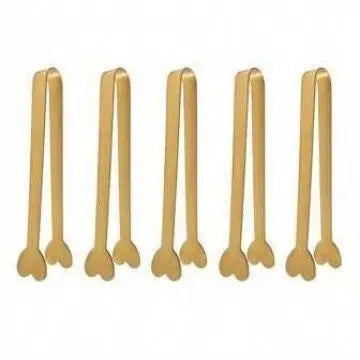 5pcs Golden Mini Tongs, Heart-shaped Sugar Cube Tong, Stainless Steel Small Serving Tong, Durable Ice Cube Tong, Tea Party Serving Tong, Nice Gift, Tea Making Tools, Tea Accessories, Utensils, Perfect for Coffee Bar/Wedding/Valentine's Day