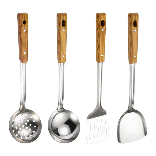 Practical Mirror Polish 4-Piece Stainless Steel Wok Cooking Tool Set - Metal Kitchen Utensils Including Wok Spatula, Slotted Skimmer Strainer Spoon, Perforated Ladle, Steak Turner for Daily Frying, Oil Filtering Residues, Farmhouse Use