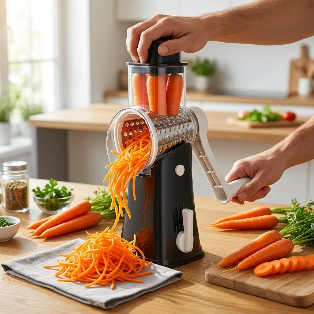 Rotary Cheese Grater with 5 Interchangeable Blade Shapes, Food Shredder Tool for Kitchen - Stable Suction, Easy to Operate, Shreds Cheese Fine Kitchen Utensil for Potato, Zucchini