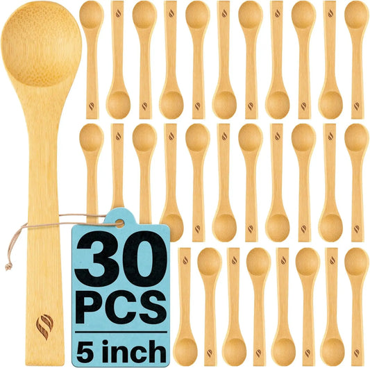 Golden Nature 30-Piece Bamboo Wooden Spoon Set - Mini Scoop, Rounded Handle, Flatware Style Stirring Spoons for Sugar, Coffee, Dessert - Lightweight Kitchen Cutlery Utensils