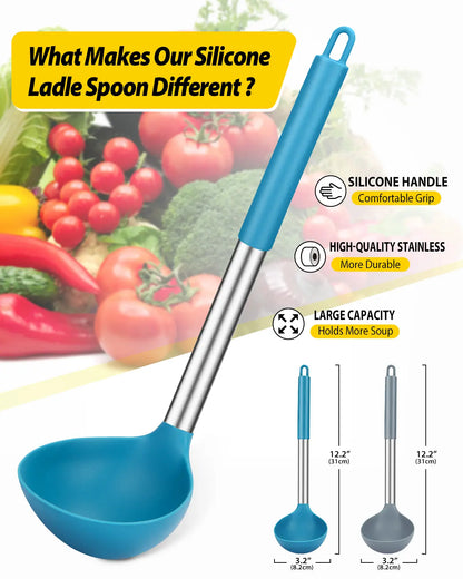 Pack of 2 Ladle Spoon,Silicone Large Spoon for Soup, Grey-Blue,Stainless,Hanging Non Stick Kitchen Utensils,For Cooking,Stirring,Serving Soups