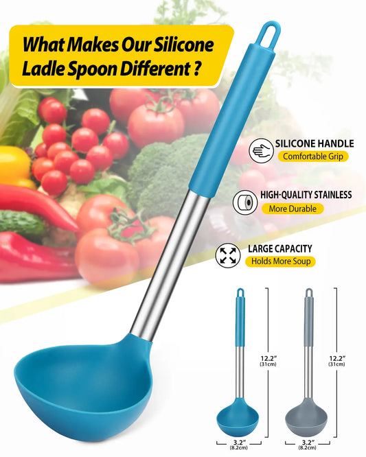 Pack of 2 Ladle Spoon,Silicone Large Spoon for Soup, Grey-Blue,Stainless,Hanging Non Stick Kitchen Utensils,For Cooking,Stirring,Serving Soups