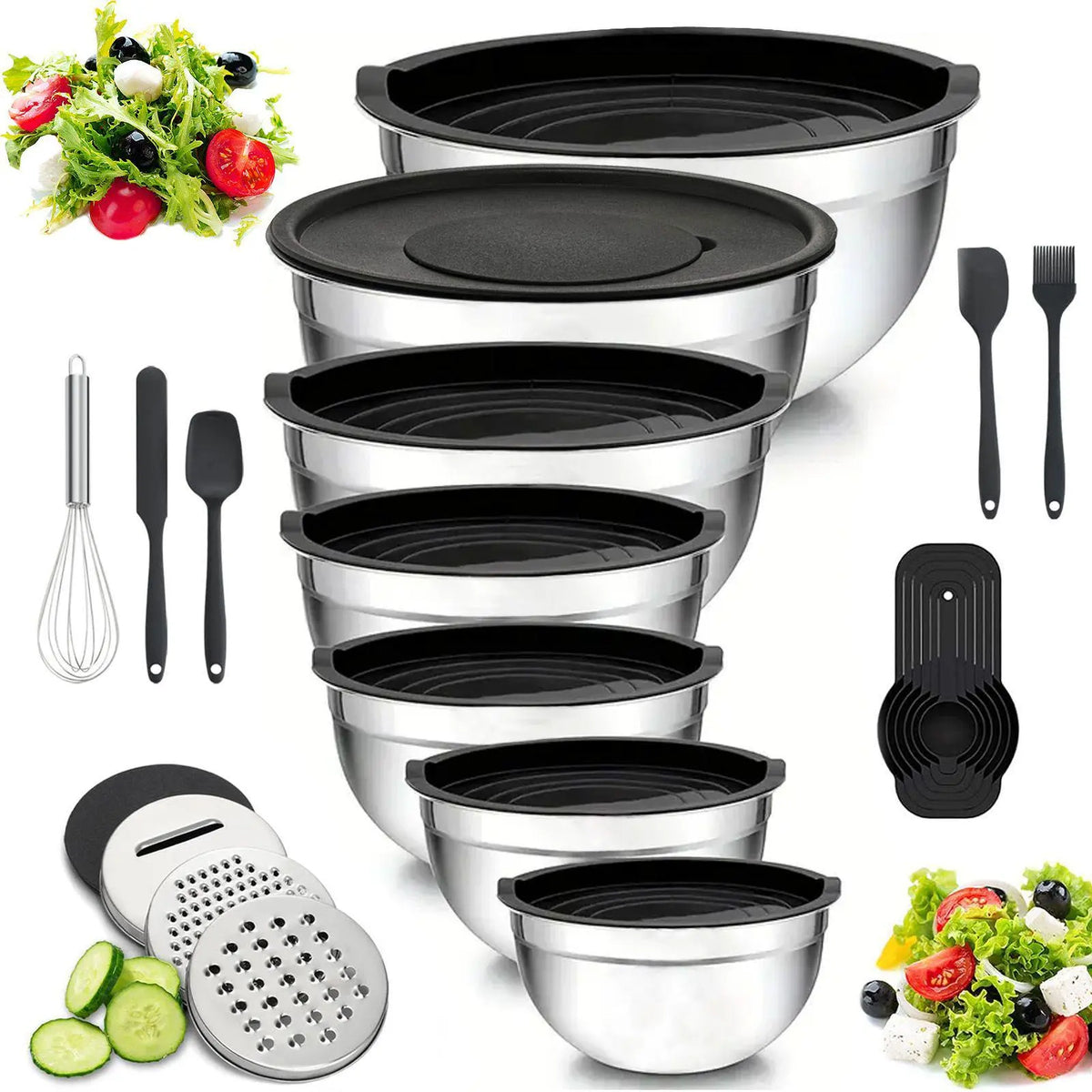 7-Pc Multi-Size Stainless Steel Nesting Bowls Set with Lids, Graters, Whisk, Spatulas - Versatile Bakeware, Space-Saving Kitchenware, Baking Supplies, Everyday Cooking Essentials