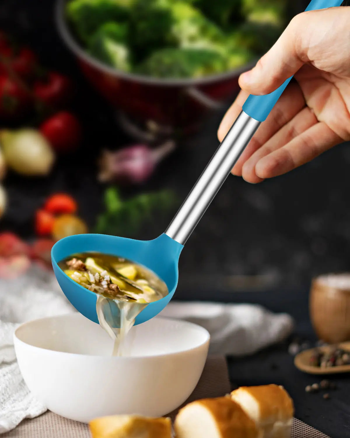 Pack of 2 Ladle Spoon,Silicone Large Spoon for Soup, Grey-Blue,Stainless,Hanging Non Stick Kitchen Utensils,For Cooking,Stirring,Serving Soups