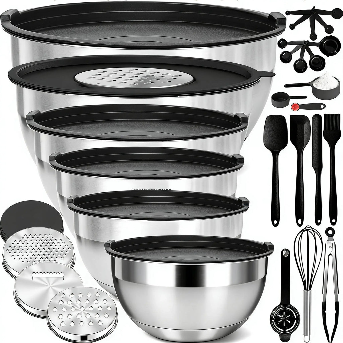 7-Pc Multi-Size Stainless Steel Nesting Bowls Set with Lids, Graters, Whisk, Spatulas - Versatile Bakeware, Space-Saving Kitchenware, Baking Supplies, Everyday Cooking Essentials