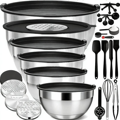 7-Pc Multi-Size Stainless Steel Nesting Bowls Set with Lids, Graters, Whisk, Spatulas - Versatile Bakeware, Space-Saving Kitchenware, Baking Supplies, Everyday Cooking Essentials